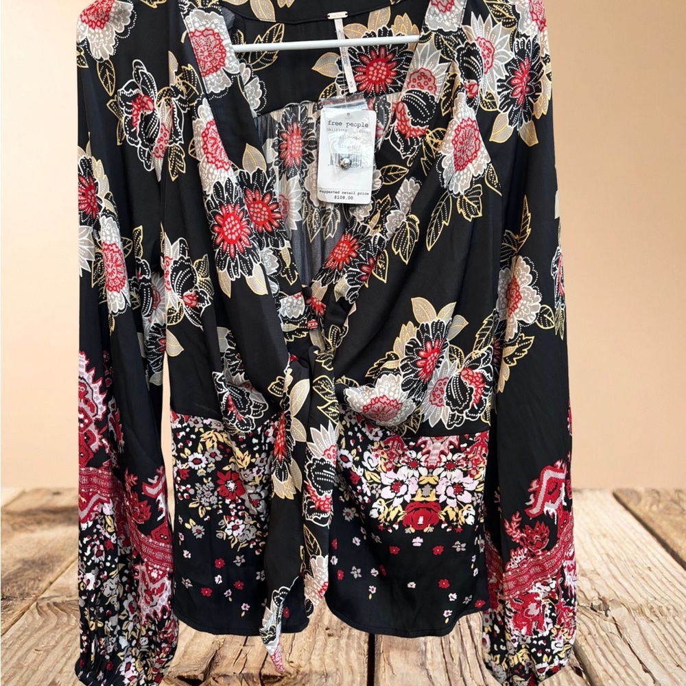 Free People Black and Red Floral Blouse - Picture 4 of 8